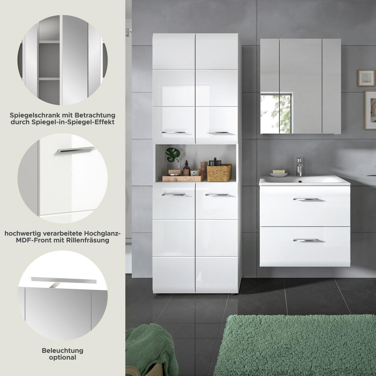 BADKOMBINATION Ice 135x185x46 cm weiß Hochglanz MDF 3tlg. - Weiß, Holz (135/185/46cm)