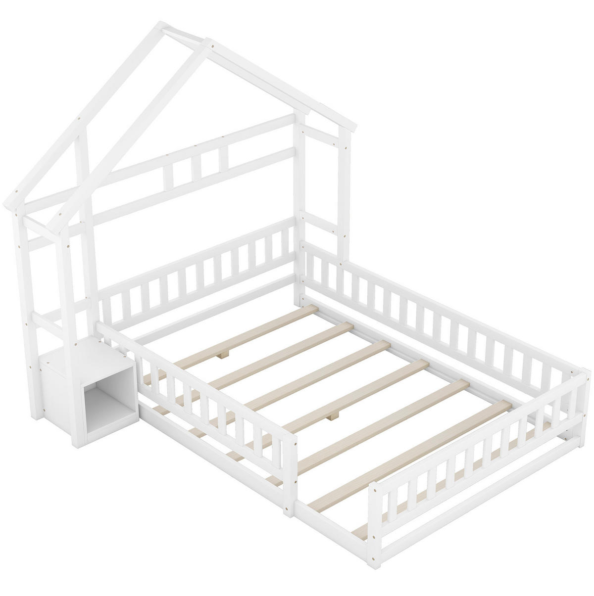HAUSBETT 140/200 cm Weiß mit Nachttisch und Geländer - Weiß, Holz (140/200cm) - MIVRAY