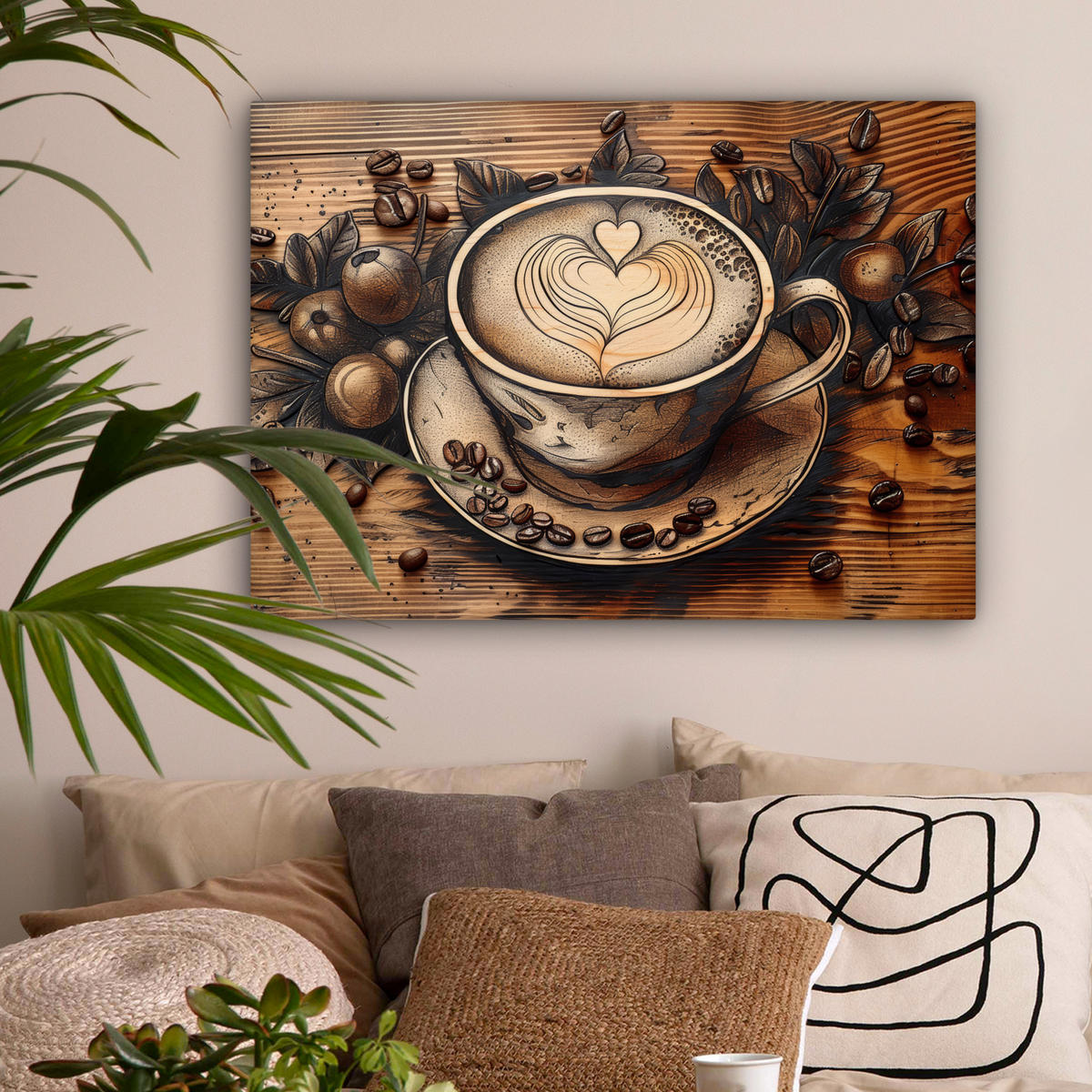 LEINWANDBILD Kaffee - Vintage - Braun - Tasse - Holz Wandbilder 80x60 cm - Braun, Textil (80/60cm) - MuchoWow