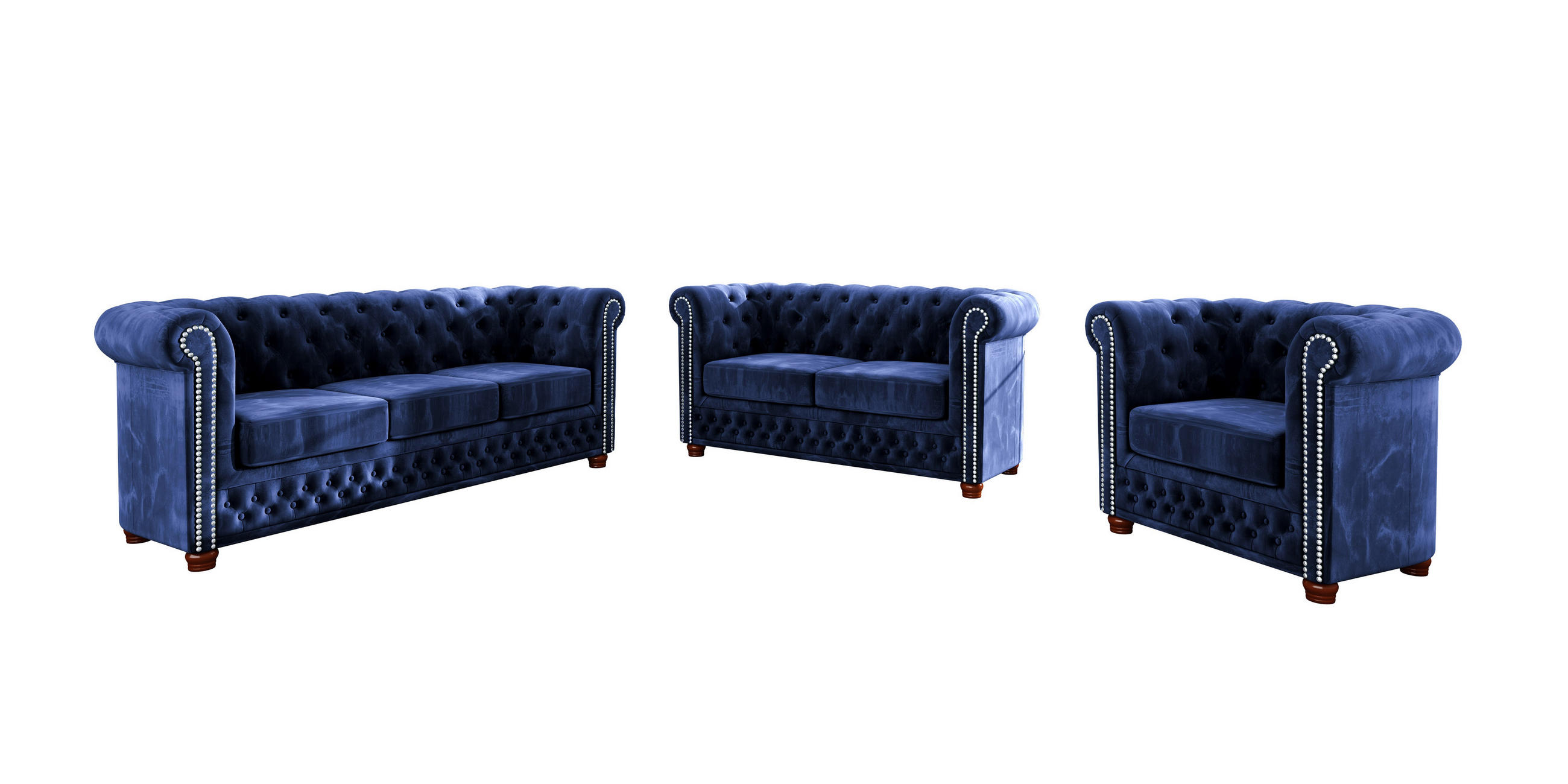SITZGARNITUR 3+2+1 Chesterfield Lauren Marineblau Samt - Dunkelblau/Braun, Holz/Textil (203/72/86cm) - S-Style Möbel
