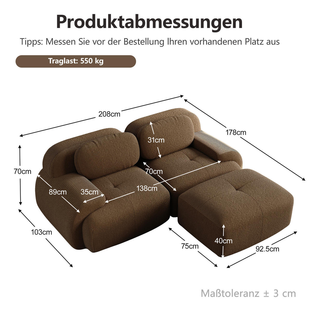 ECKSOFA DE-34025 modular mit gebogenen Armlehnen Braun - Braun, Textil (178/208cm) - ComfortXL