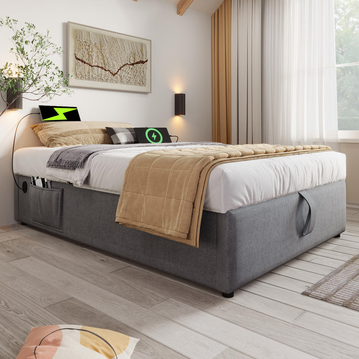 POLSTERBETT 90/190 cm Grau mit Bücherregal und Hydraulik-Stauraum - Grau, Textil (90/200cm) - OKWISH