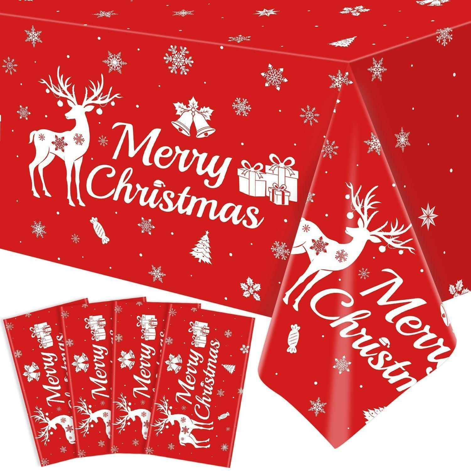TISCHDECKE 4-teiliges Set Weihnachten Rentier Schneeflocken 220 x 130 cm - Rot, Kunststoff (220/130/1.5cm)