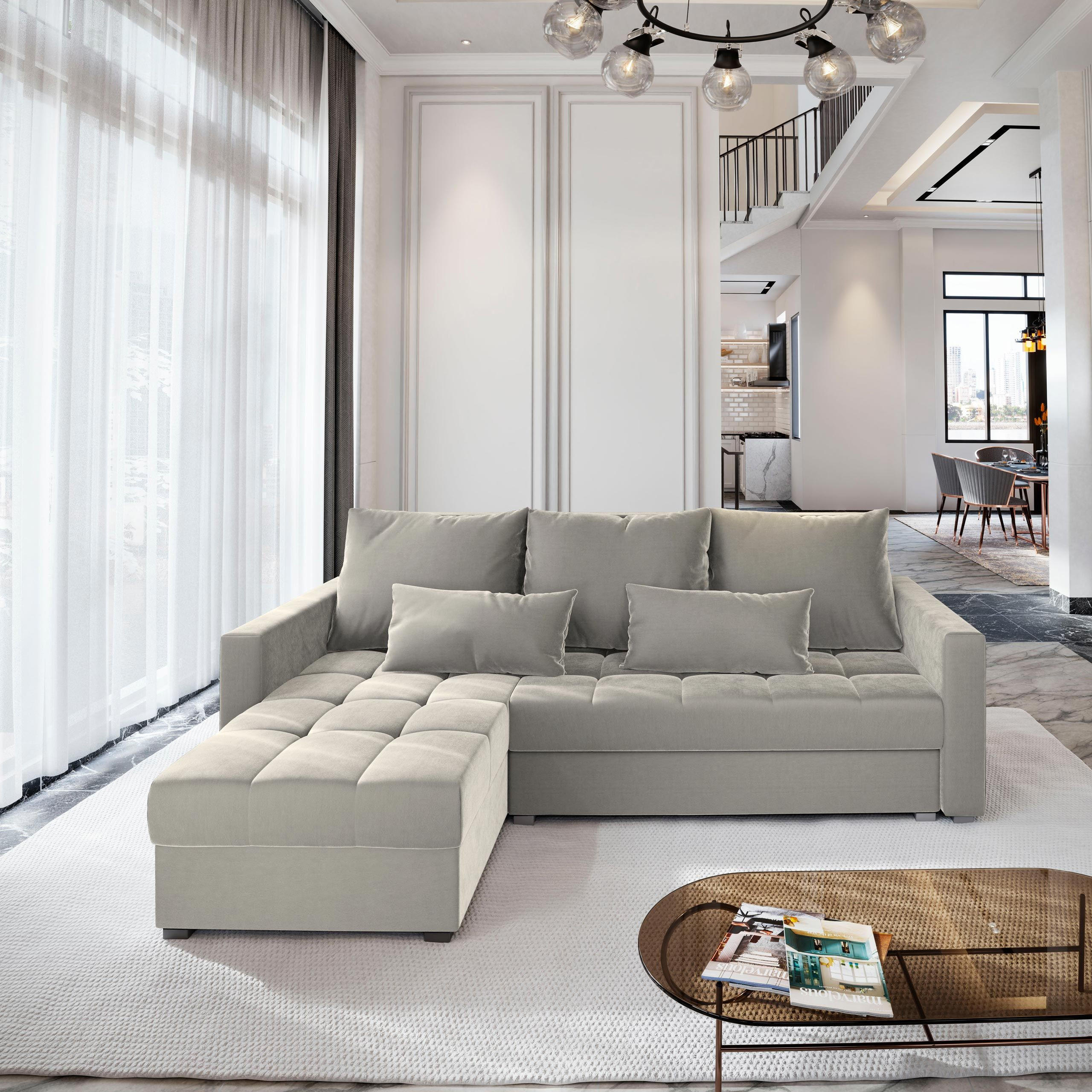 ECKSOFA KOS PIK Beige Plüsch-Stoff mit Schlaffunktion - Beige, Holz (220/140cm) - MASSENO