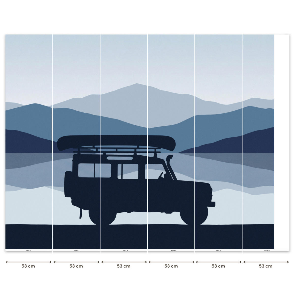 KINDERTAPETE - Auto - See - Berge - Blau - 300x260 cm - Blaugrau, Papier (300/260cm) - OnlyWow