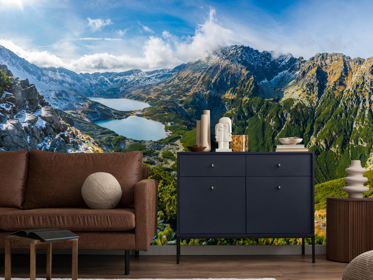 FOTOTAPETE für Wohnzimmer Tal der Fünf Polnischen Seen Gebirge 300x210 - Blau/Gelb, Papier (300/210cm) - Muralo