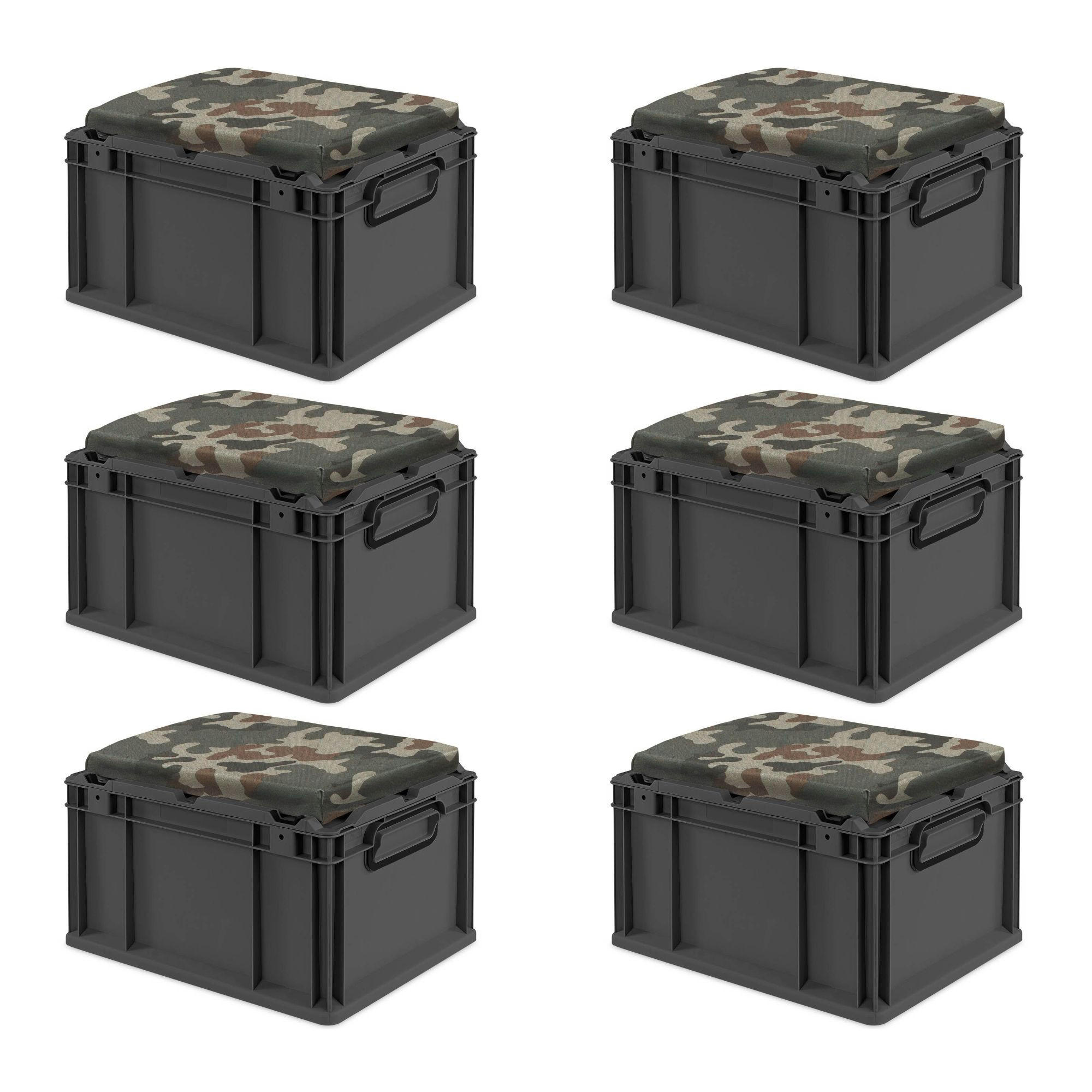 EUROBOX 6x NextGen Seat Camouflage, HxBxT 26,5x30x40cm, 20 Liter, Griffe geschlossen, Schwarz - Schwarz, Kunststoff (30/26.5/40cm) - PROREGAL