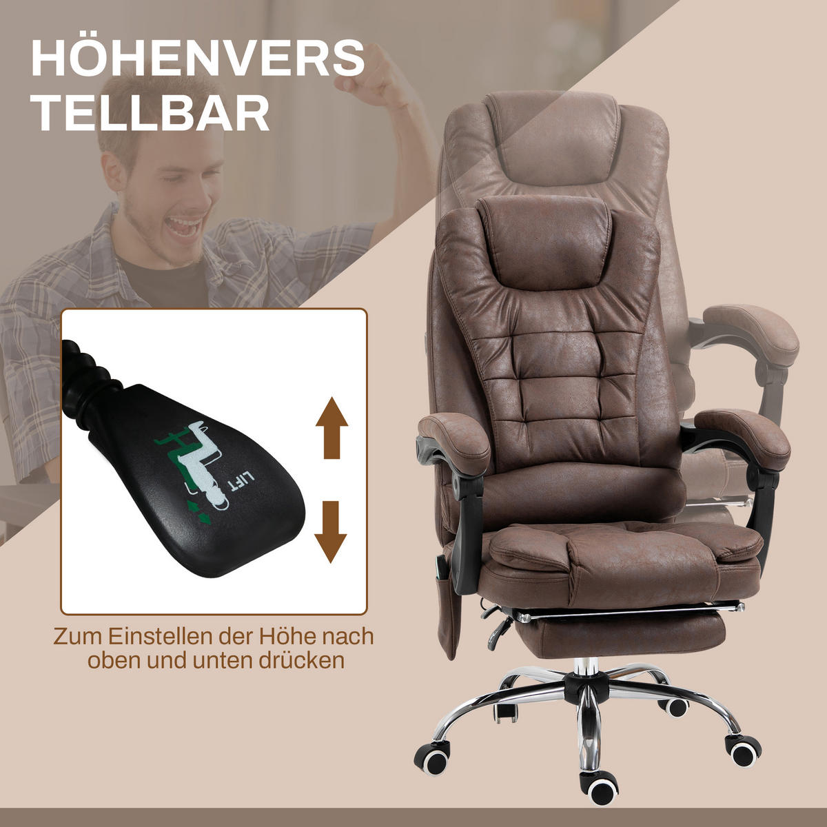 BÜROSTUHL mit Massagefunktion, Ergonomisch Schreibtischstuhl mit Liegefunktion - Silberfarben/Braun, Kunststoff/Textil (70/119/65cm) - Vinsetto