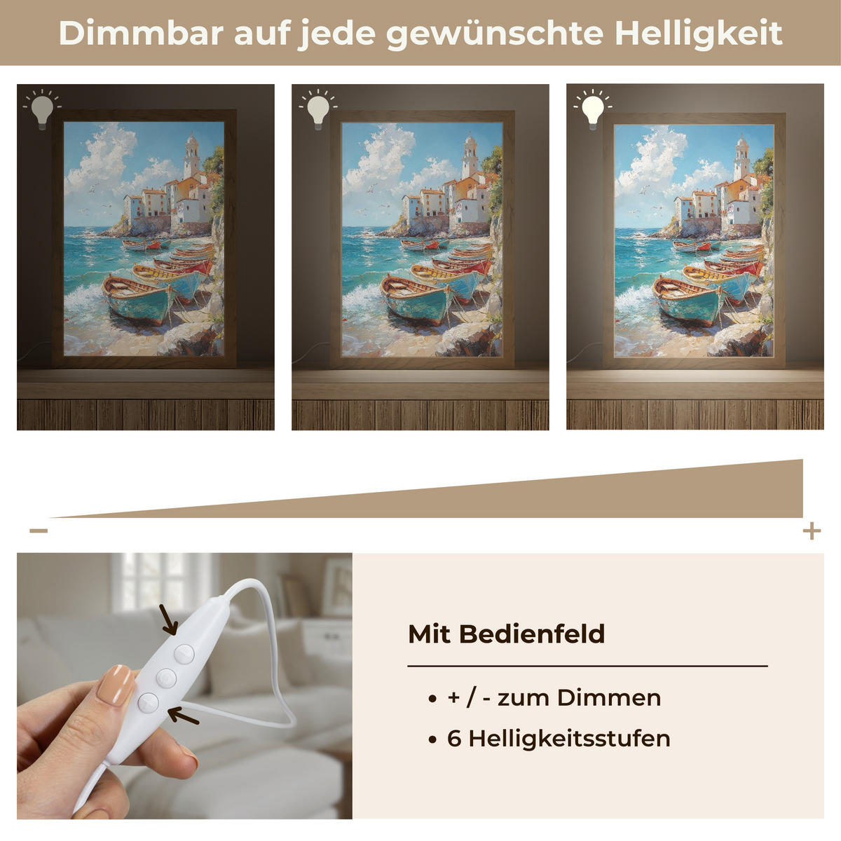 NÁSTĚNNÁ LAMPA Lodě - skály - moře - slunce 20x30 cm - modrá, kompozitní dřevo (20/30/8cm) - OnlyWow