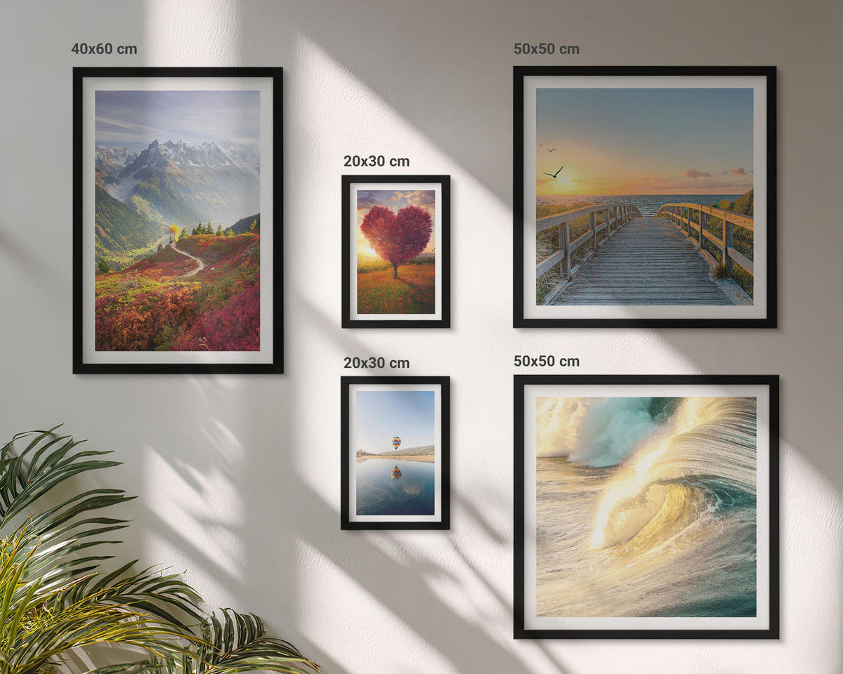 BILDER SET 5er Set - 50x50 cm & 20x30 cm & 40x60 cm Schwarzer Rahmen - Landschaften Berge Wellen Baum Herz Pier - Schwarz, Kunststoff (40/60cm) - TULUP