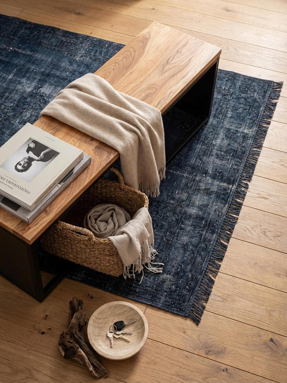 SITZBANK – Akazie Massivholz/Steinoptik, 120x45x35 cm, Metallgestell - Schwarz/Braun, Holz/Metall (120/45/35cm) - KADIMA DESIGN