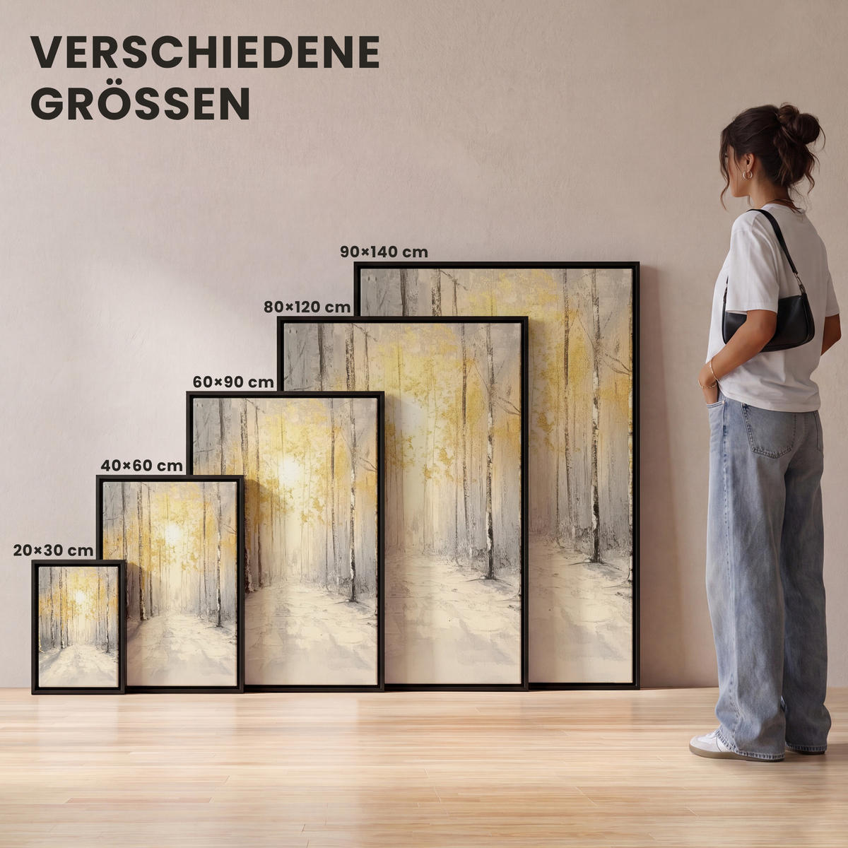 LEINWAND Bilder mit Rahmen - Winter - Abstrakt - Schnee - Natur - Sonne - 60x90 - Grau, Textil (60/90cm) - MuchoWow