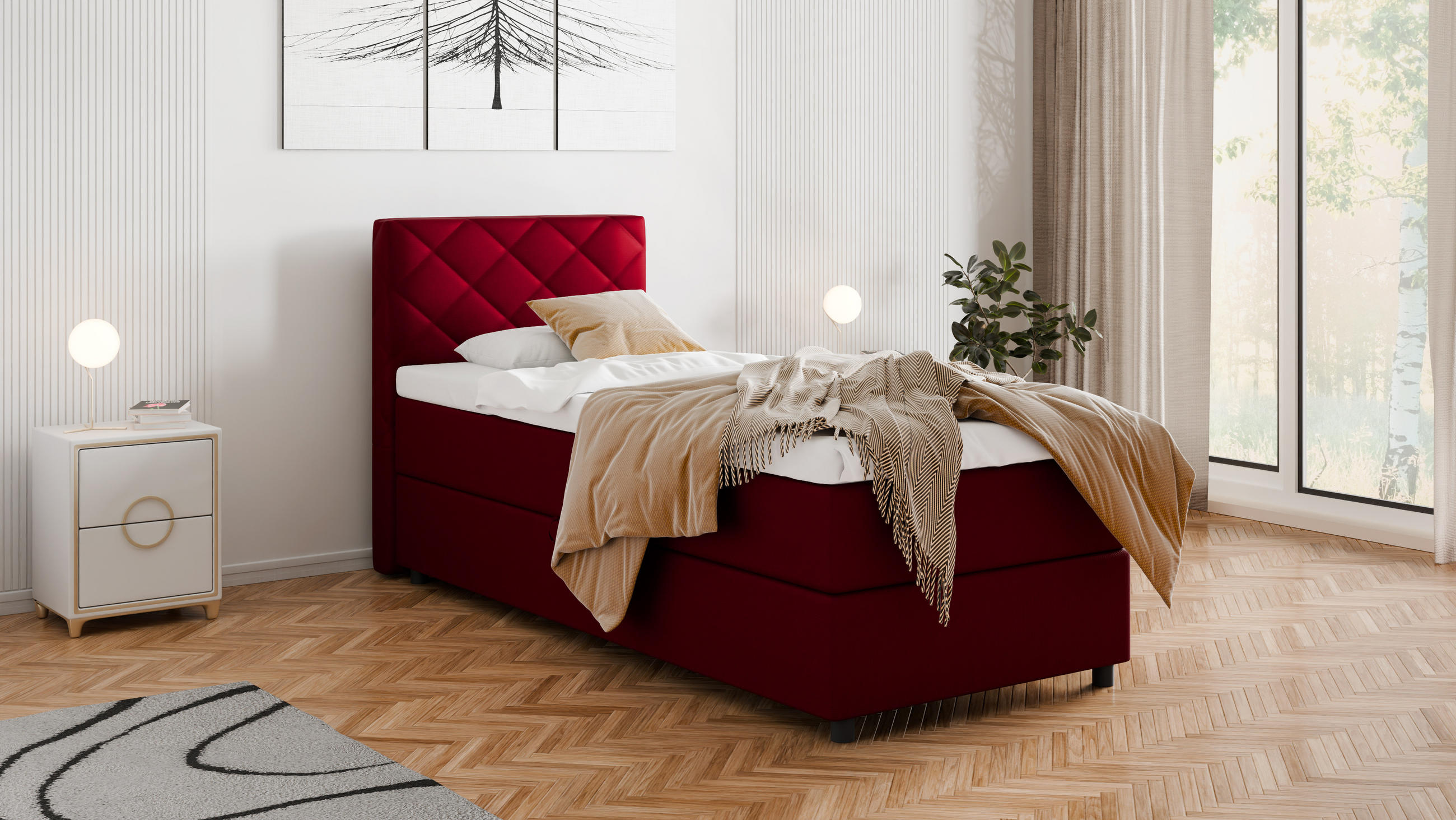 BOXBETT Diamaro 90x200 cm mit Bettkasten und Topper - Rot - Rot, Holz (96/215cm) - Panda Möbel