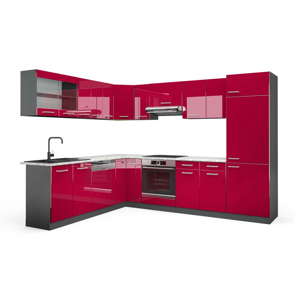 ECKKÜCHE R-Line Rot Hochglanz/Anthrazit 287 x 60 cm , AP Marmor - Anthrazit/Rot, Holzwerkstoff (287/81.6/60cm) - Vicco