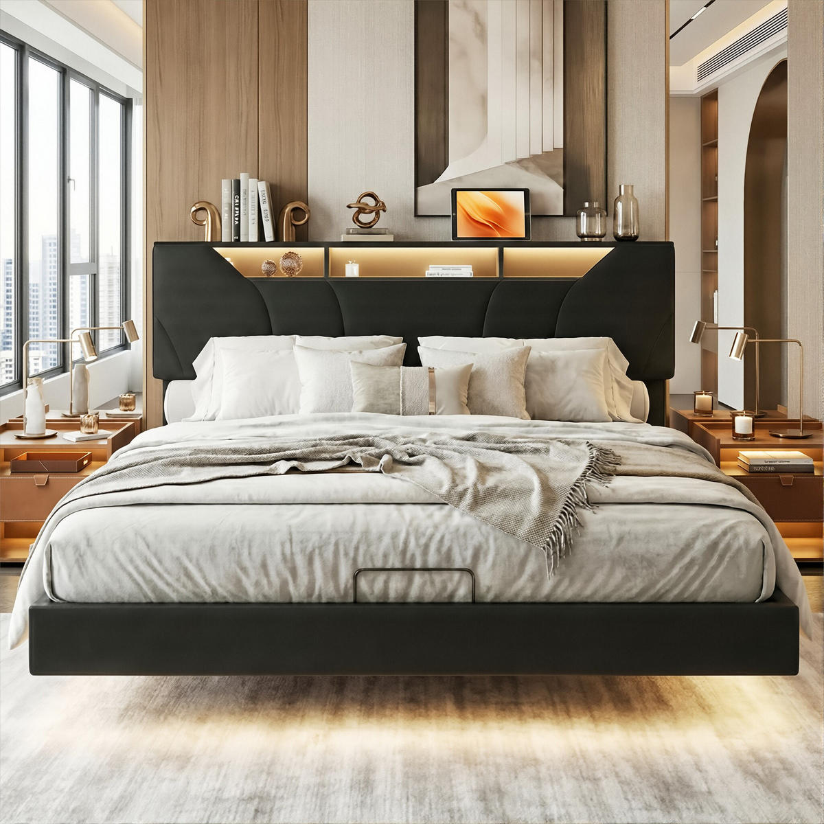 POLSTERBETT Modern 160/200 cm mit Bettkasten & App-LED Kunstleder Schwarz - Schwarz, Textil (160/200cm) - Creahappy