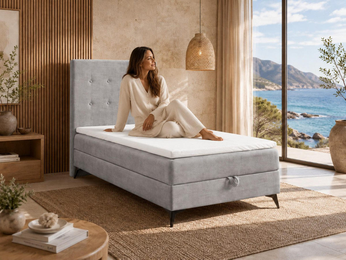 BOXBETT K15 Single SLIM mit Bettkasten & Bonell-Federkern inkl. Topper - Hellgrau, Holz/Textil (200/90cm) - Best For Home