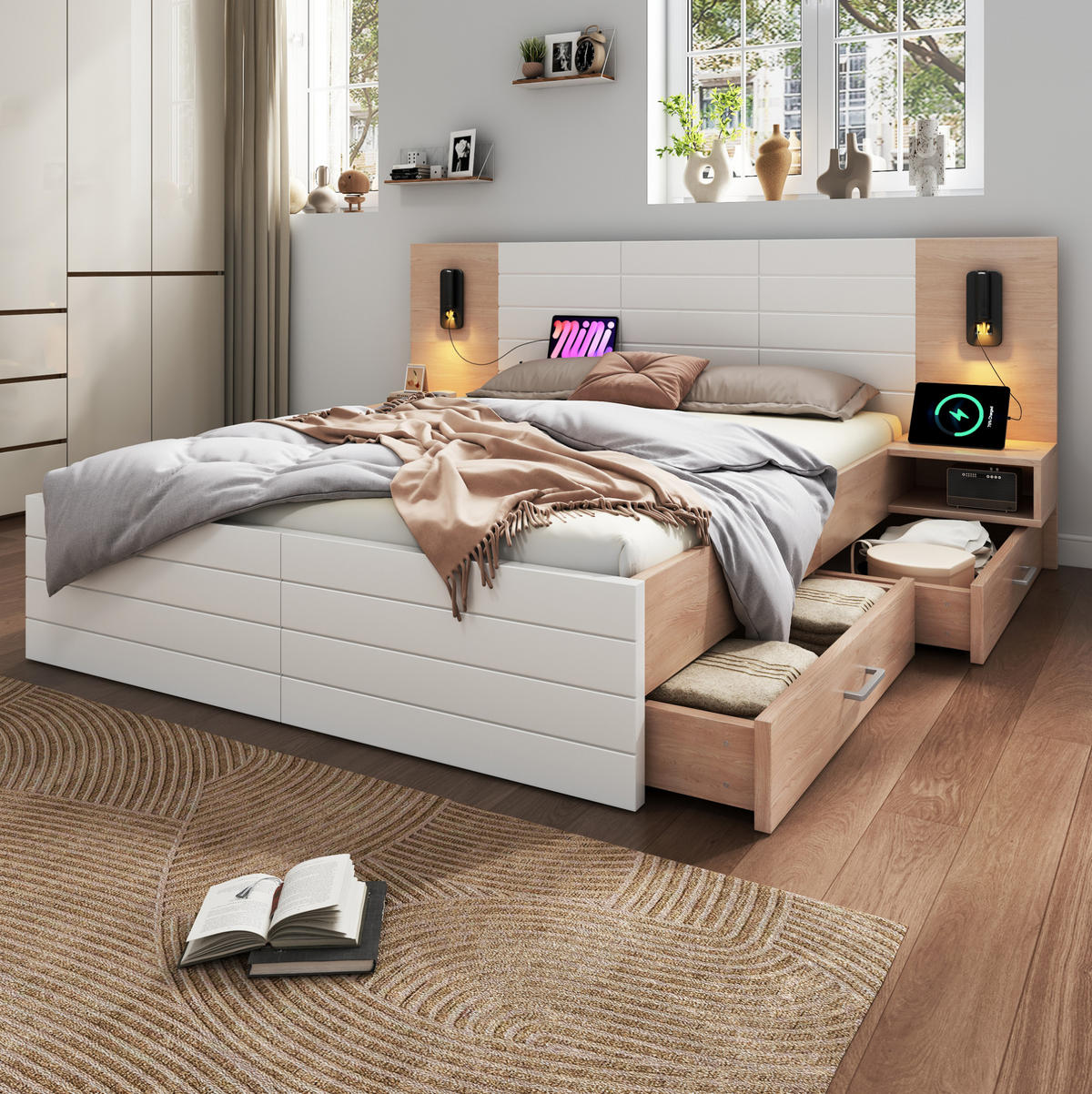 HOLZBETT 160/200 cm in Weiß/Eiche – mit Kopfteil, USB und 2 Schubladen - Weiß, Holzwerkstoff (160/200cm) - BEAOK