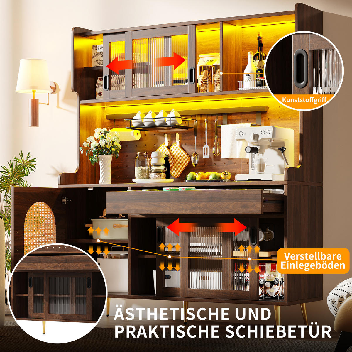 KÜCHENSCHRANK 145x39x171Cm LED 5 Türen Landhausstil - Braun, Holzwerkstoff (145/171/39cm) - FLIEKS