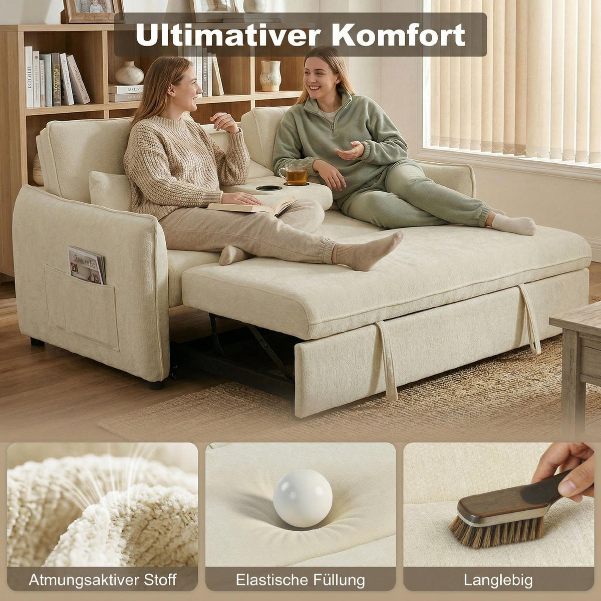 SCHLAFSOFA Chenille Beige - Beige/Schwarz, Holz/Kunststoff (90/84/166cm) - HOMCOM