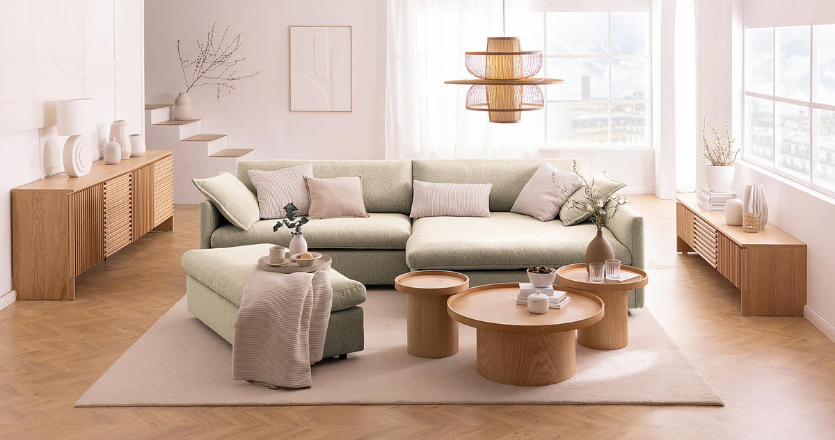 ECKSOFA mit Longchair - Creme/Schwarz, Kunststoff/Textil (290/183cm) - home24