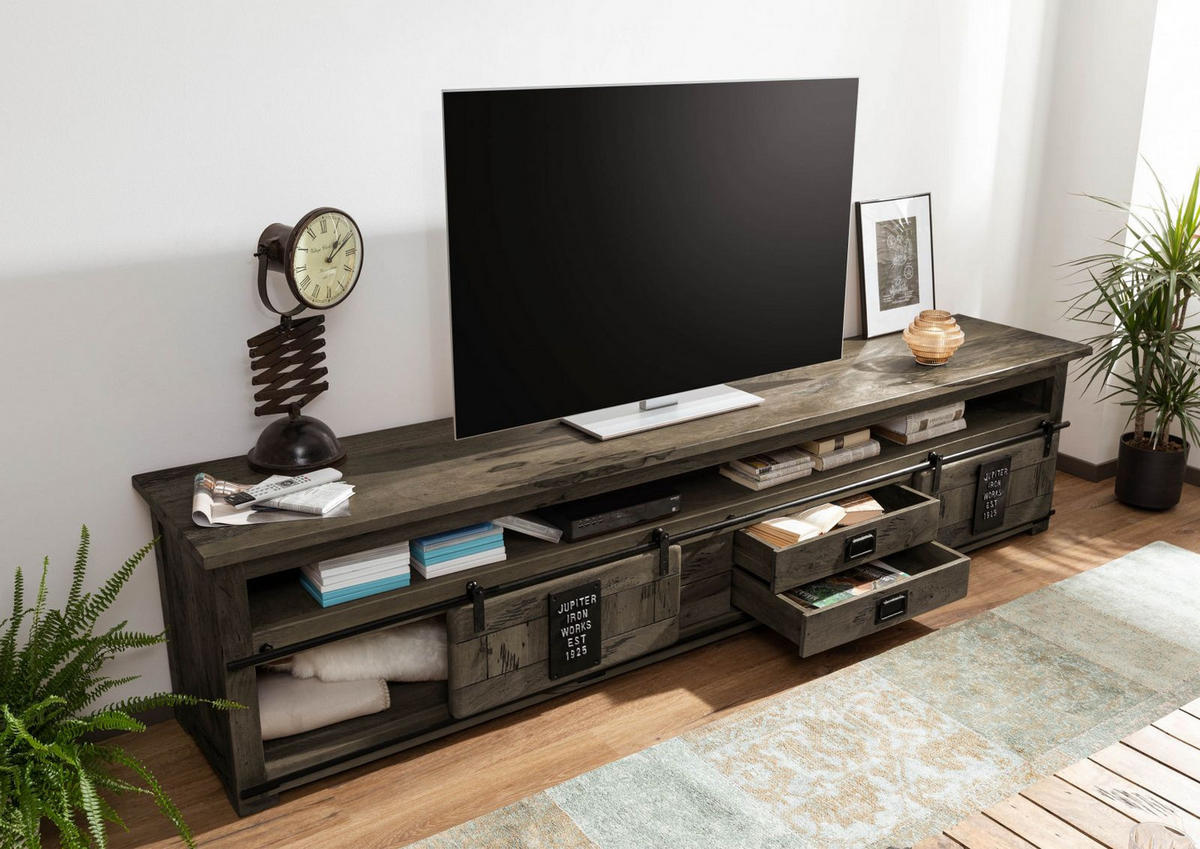 TV-BOARD Mango 260x50x60 grau lackiert RAILWAY #255 - Grau, Holz (260/60/50cm) - Massivmoebel24