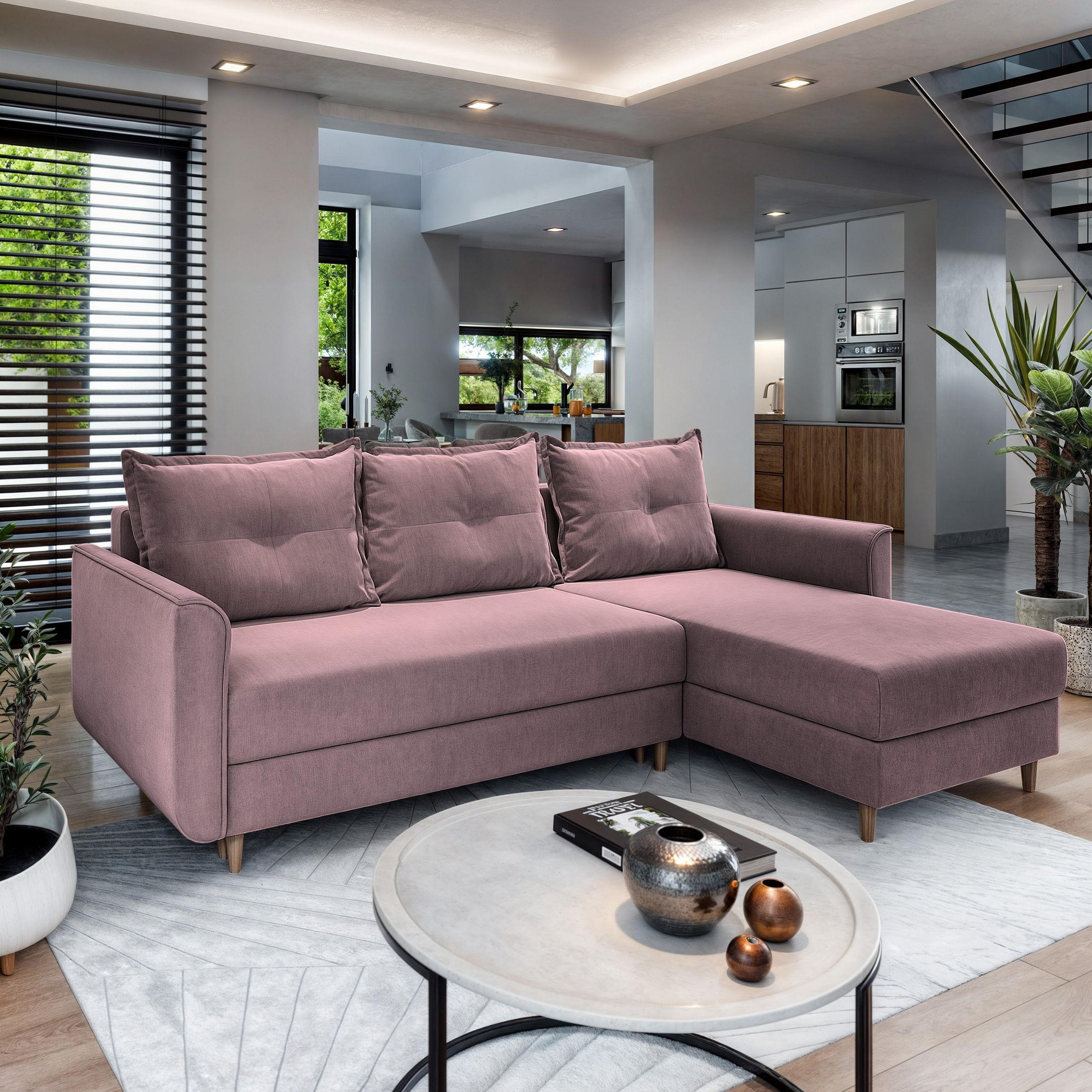 ECKSOFA PISAN R-S Rosa Plüsch-Stoff mit Schlaffunktion - Rosa, Holz (220/140cm) - MASSENO