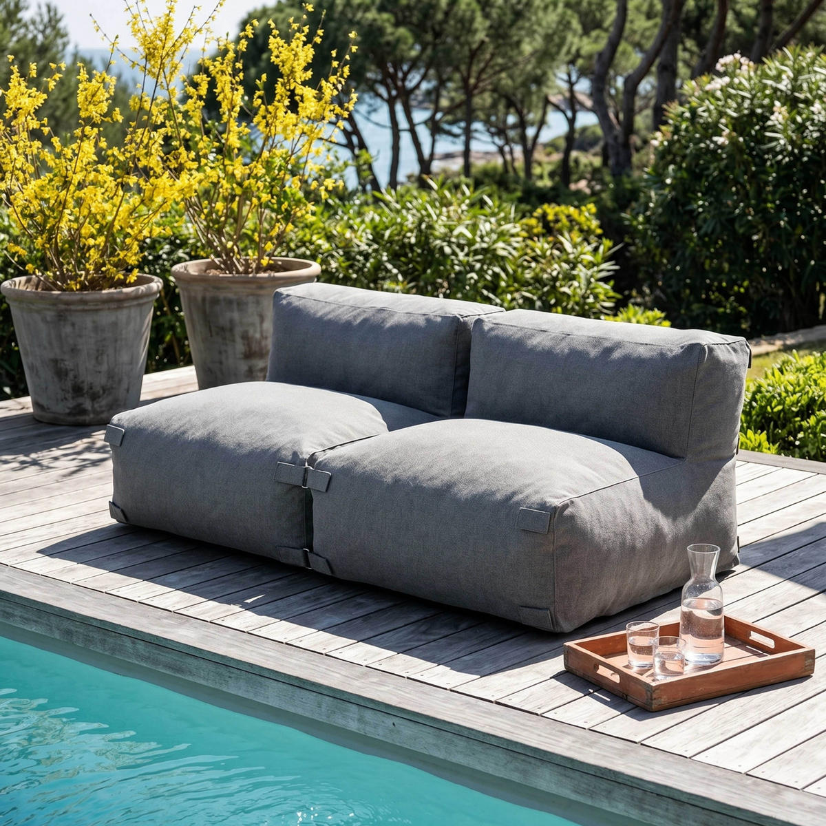 GARTENSOFA mit 2 Sitzplätzen, Grau - Grau, Textil - Oviala