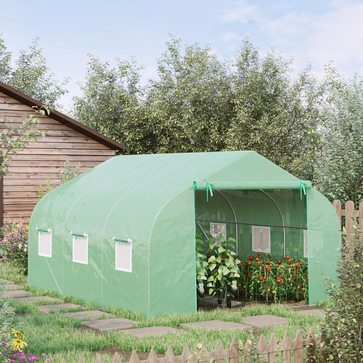 GEWÄCHSHAUS DE-11875 10,5 m² mit Tür + 6 Fenstern Grün - Grün, Kunststoff (300/200/350cm) - ComfortXL