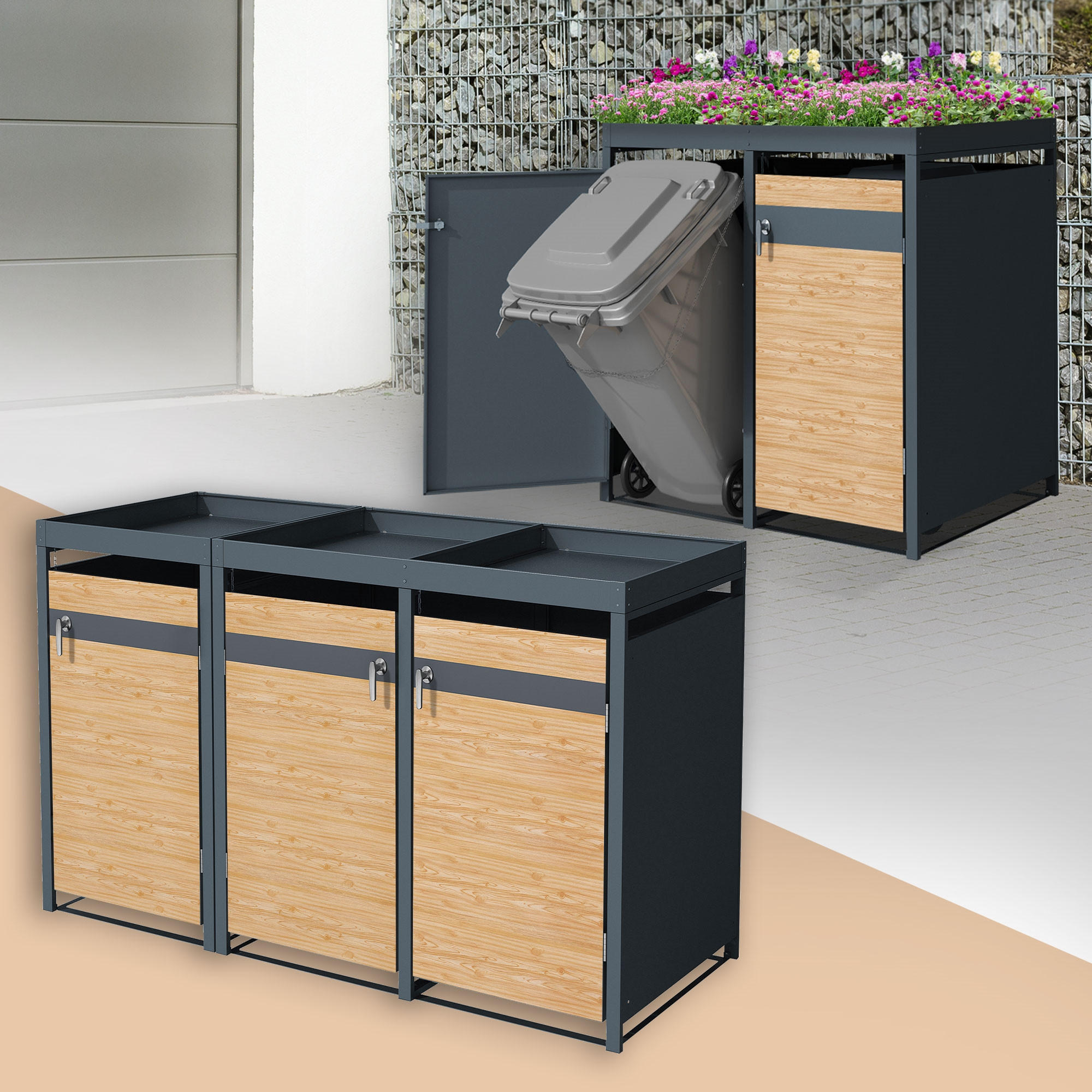 MÜLLTONNENBOX 3er mit Pflanzdach Anthrazit-Lärchenoptik - Hellbraun, Metall (80/124/200cm) - ML-DESIGN