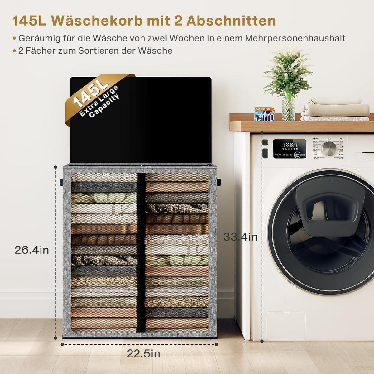 WÄSCHEKORB mit Deckel und 2 Wäschesäcken Grau 145L - Grau, Textil (31/75/41cm)