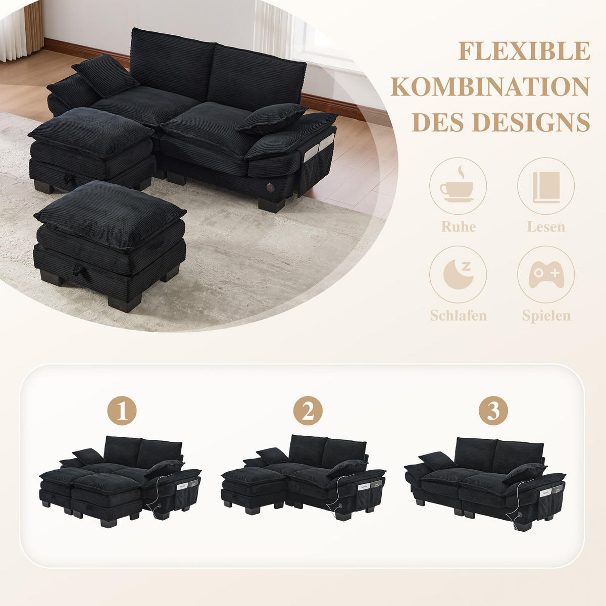 2-SITZER SOFA Cord Schwarz mit USB-C und Hocker - Schwarz, Holzwerkstoff/Kunststoff (190/84/132cm) - WISHDOR