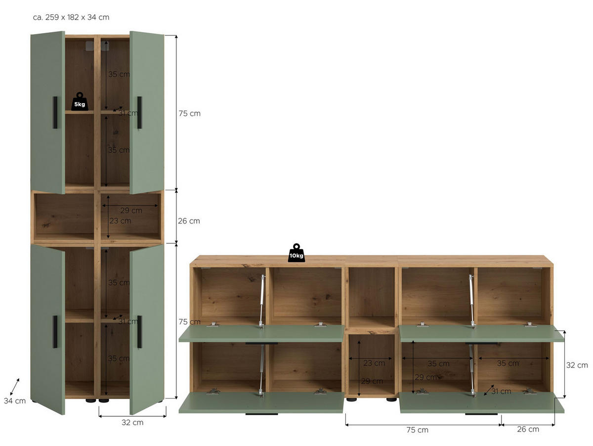 WOHNKOMBINATION THE ONE (B/H/T: ca. 259/182/34 cm) in Artisan Oak Nachbildung/Smoke Green - Eiche Artisan, Holzwerkstoff (259/182/34cm)