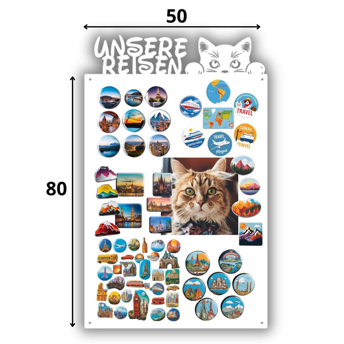 MAGNETTAFEL - Magnetische Pinnwand mit Katzenmotiv - ideal für Magnete und Notizen - magnetisches Whiteboard - Weiß - 80x50 cm - Weiß, Metall (50/80/0.7cm) - ANWICAR