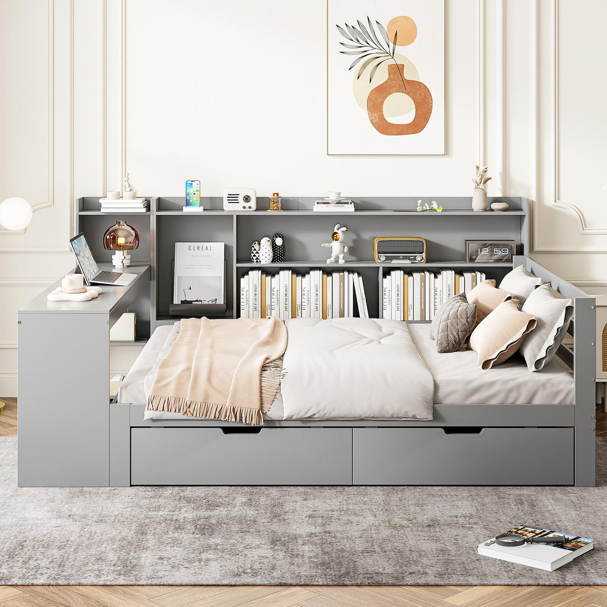 BETT aus Massivholz 140/200 cm mit Schreibtisch und Regalen grau - Grau, Holz (140/200cm) - OKWISH