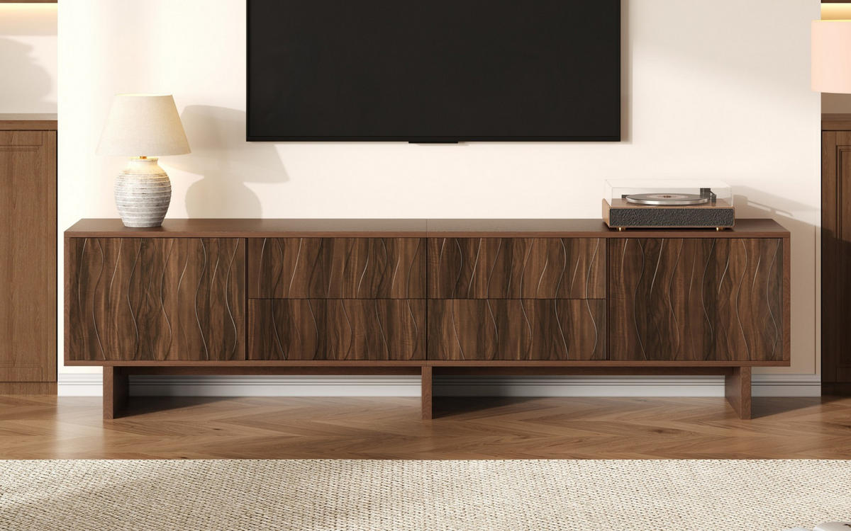 TV stolík 180/40/56 cm tmavý orech z drevotriesky s vlnitým dizajnom, 4 zásuvkami a 2 dvierkami - hnedá, kompozitné drevo (180/56/40cm) - OKWISH