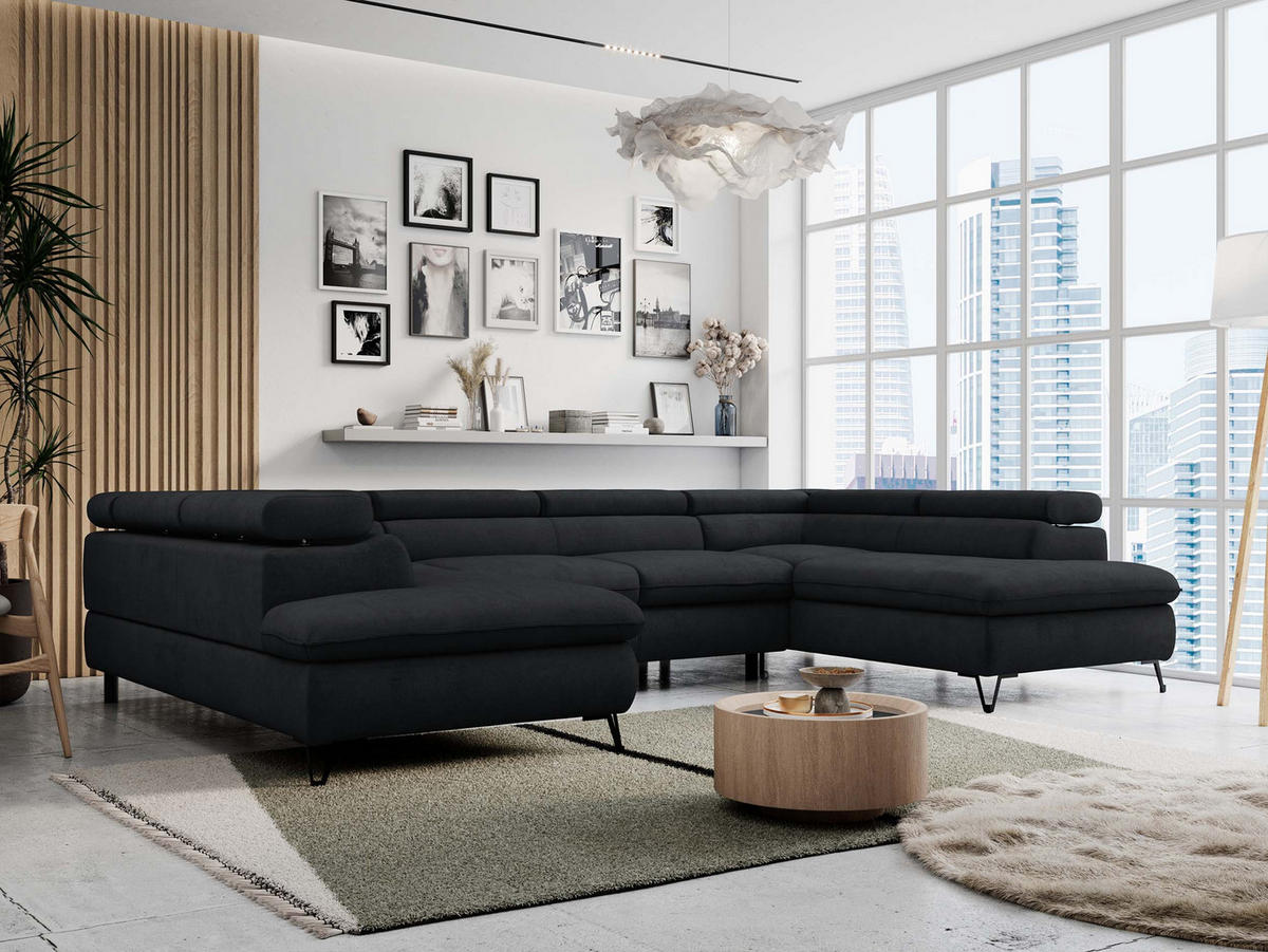 WOHNLANDSCHAFT PETER U Samt Schwarz - Schwarz, Textil/Metall (346/76/208cm) - MKS