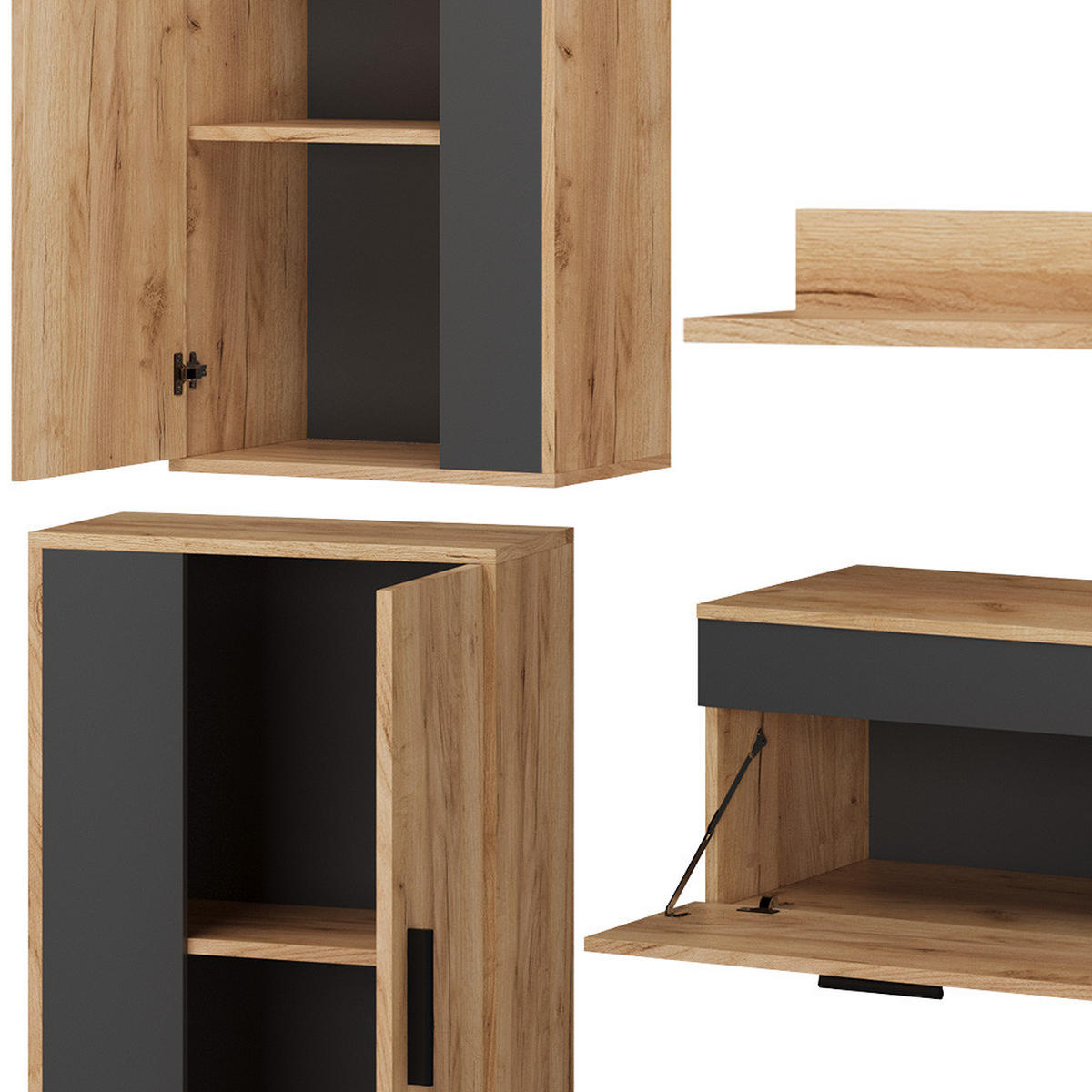 WOHNWAND Berno Goldkraft Eiche 4er Set - Honigeiche/Anthrazit, Holzwerkstoff (140/38.7/35.2cm) - Vicco