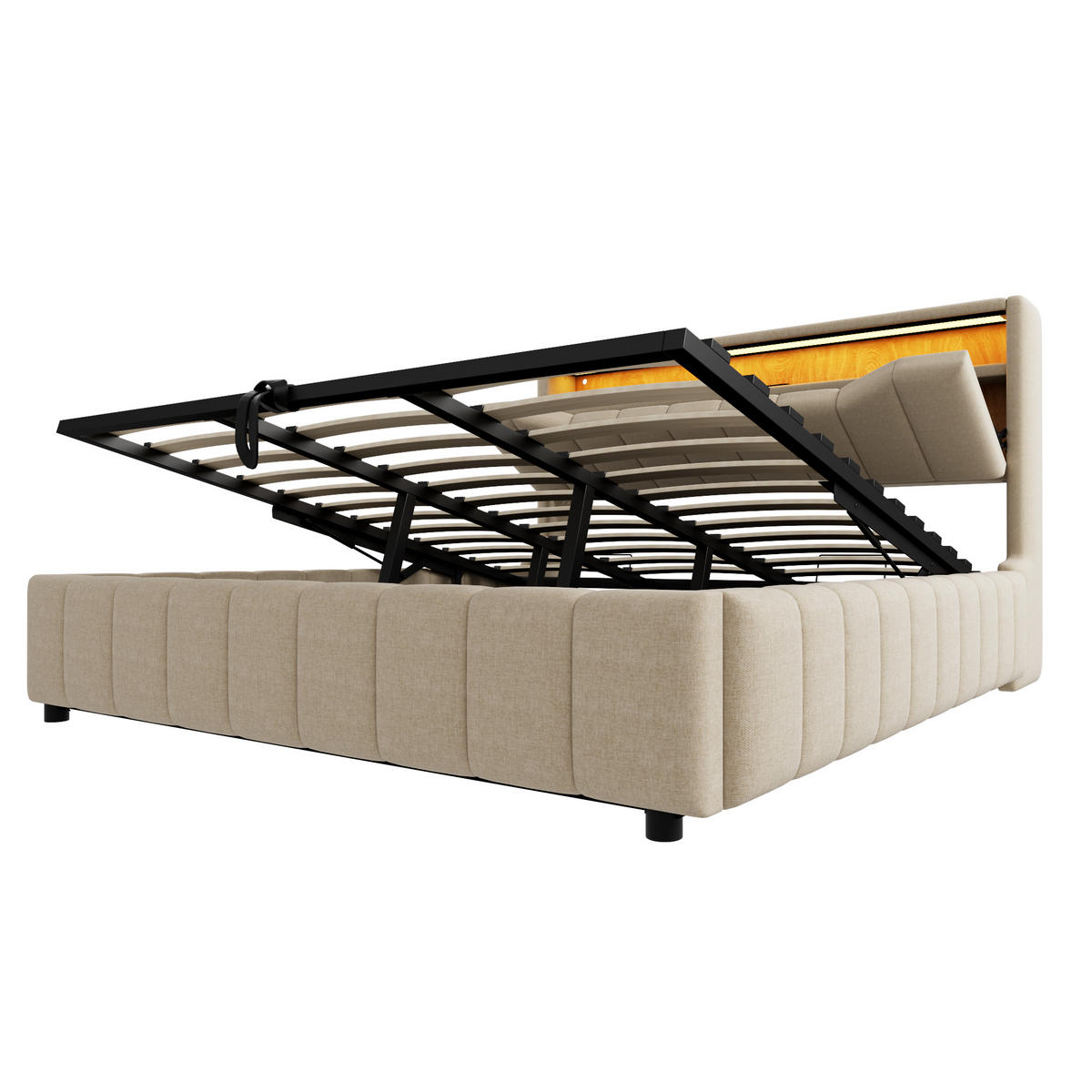STAURAUMBETT 180/200 cm mit Hydraulik und LED, DE-41942, in Beige - Beige, Metall (180/200cm) - ComfortXL