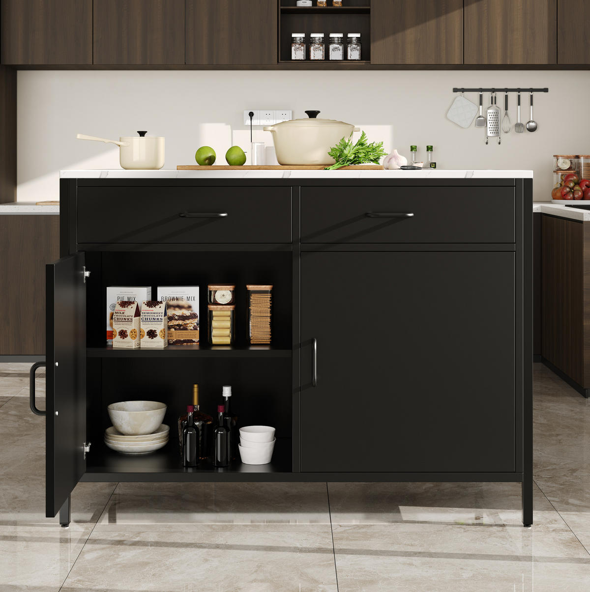 STEHTISCH 100x90x90cm Schwarz Marmoroptik mit 2 Schubladen & Eisenbeinen - Schwarz, Holzwerkstoff (100/90/90cm) - Modfu