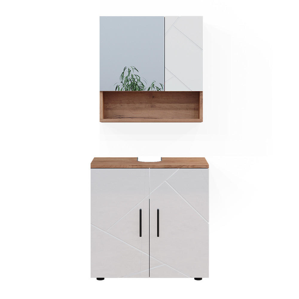 BADMÖBEL-SET Irma Weiß Hochglanz/Goldkraft Eiche 2 Teile Unterschrank 60 cm - Weiß Hochglanz/Eiche Wotan, Holzwerkstoff (80/58.6/41cm) - Vicco