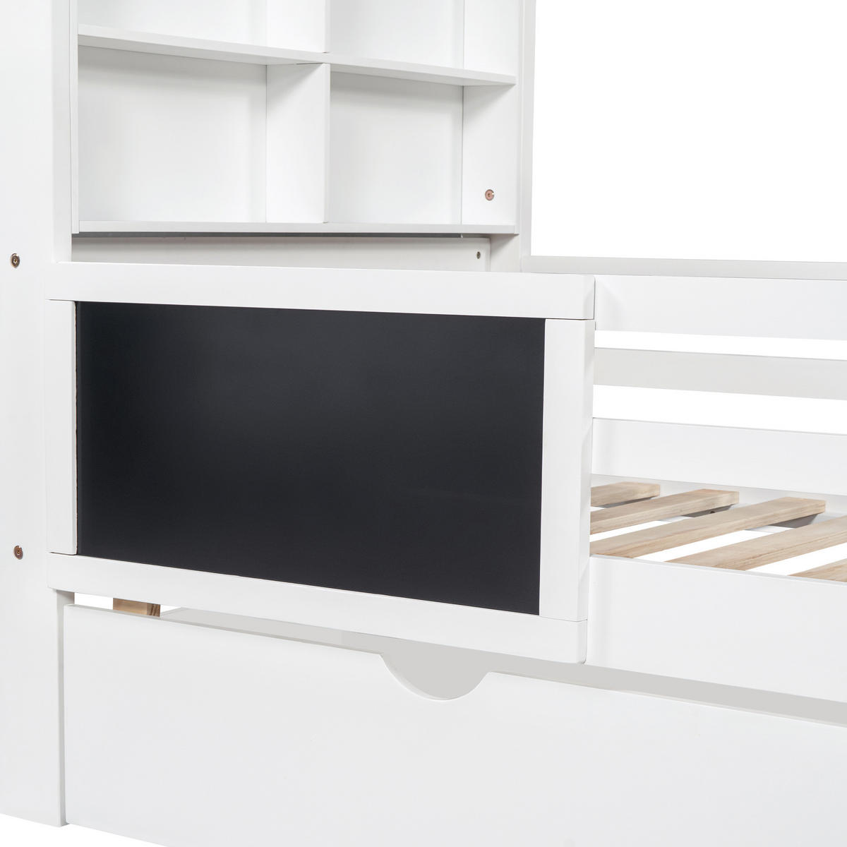 KINDEREINZELBETTEN aus Massivholz und MDF 90x200 cm in Weiß mit Schubladen & Tafel - Weiß, Holzwerkstoff (90/200cm) - Modfu