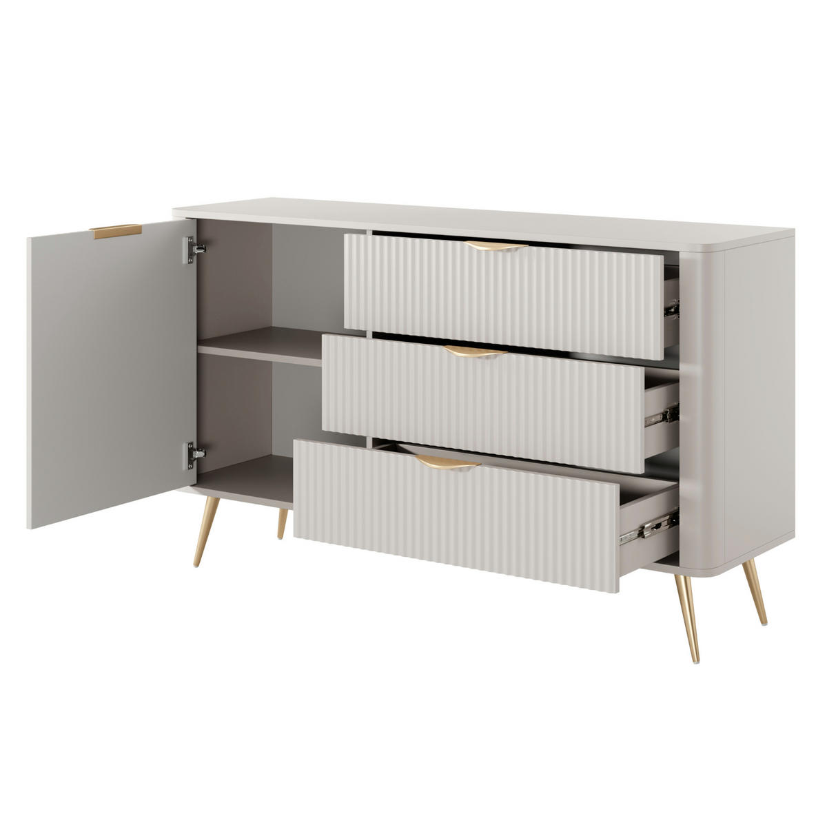 SIDEBOARD LEKNES KOM3 Reliefierte Fronten aus MDF-Platte Beige Beige - Beige, Glas/Holzwerkstoff (138/81/38cm) - Komodee