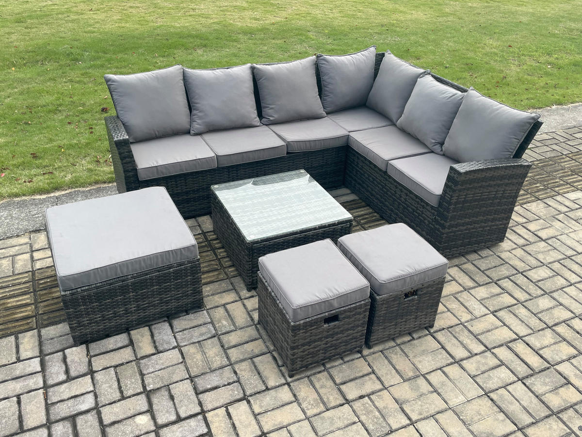 GARTENSOFA SET Hohe Rückenlehne Polyrattan Dunkelgrauer Mix 9-Sitzer - Dunkelgrau/Grau, Glas/Kunststoff - Fimous