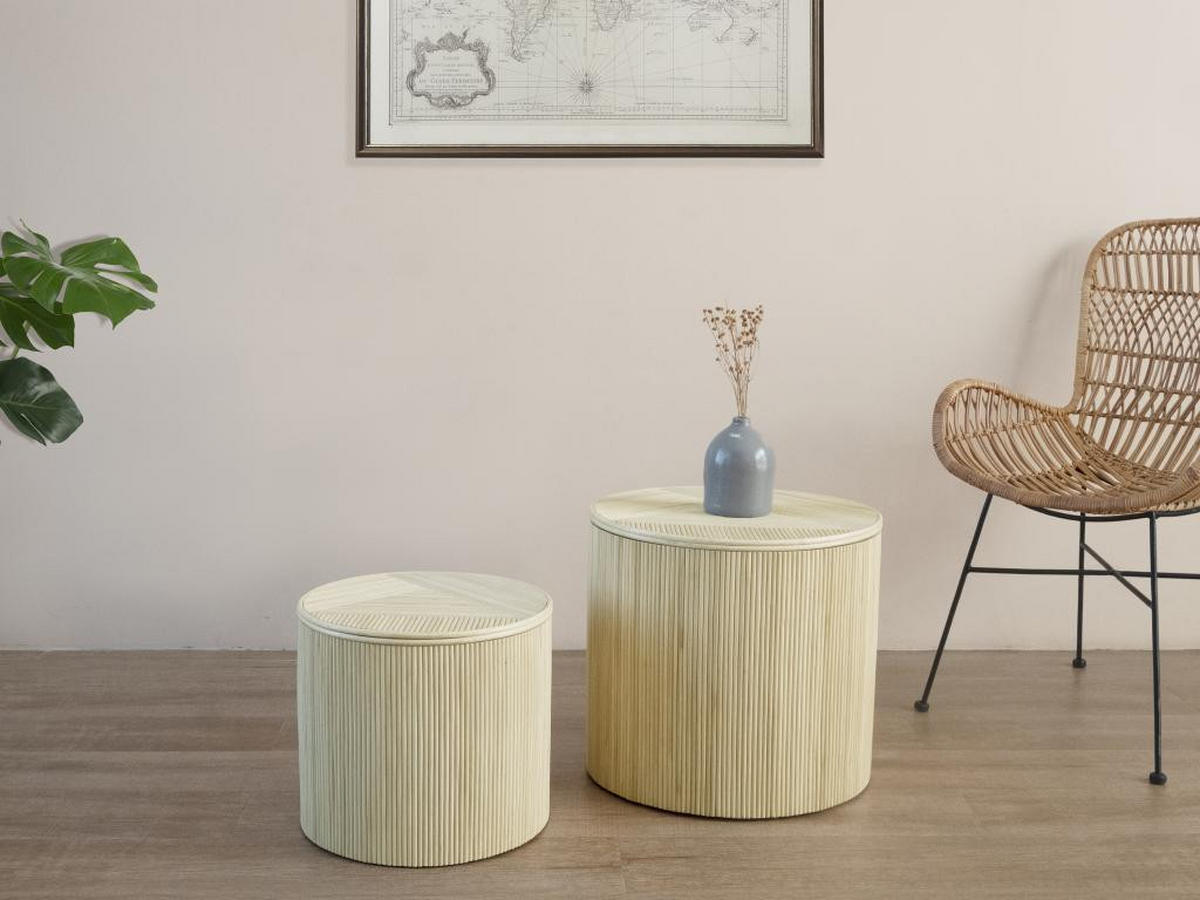 BEISTELLTISCHE rund 2er-Set mit Stauraum - Rattan - 50 x 46 cm & 39,5 x 36 cm - Holzfarben hell - GABES - Naturfarben, Holzwerkstoff (50/50/46cm) - Vente-Unique
