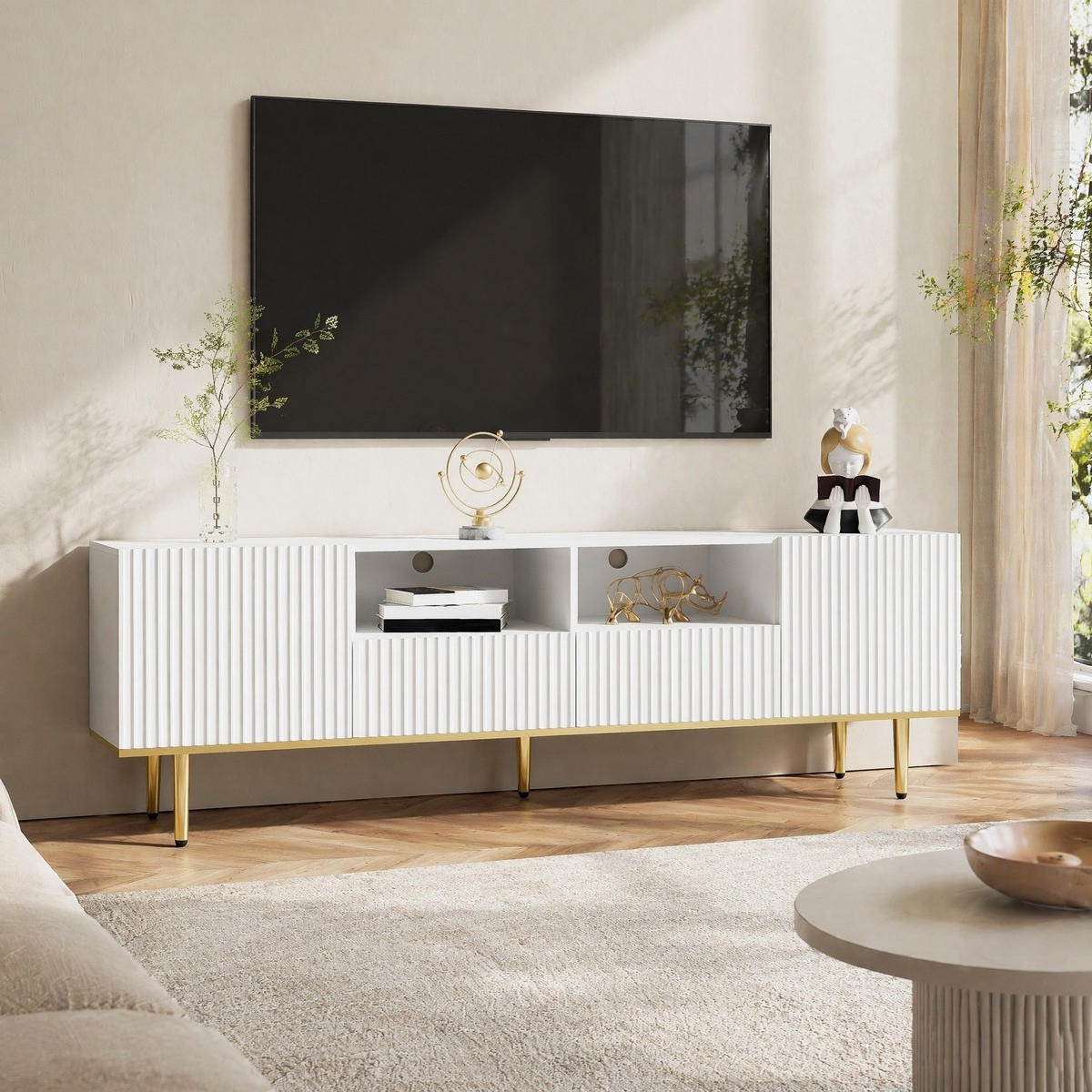 LOWBOARD in Weiß TV-Schrank mit Schubladen und goldenen Füßen für Wohnzimmer, B165/T36/H55 cm - Goldfarben/Weiß, Holzwerkstoff/Metall (165/55/36cm) - STILVORA
