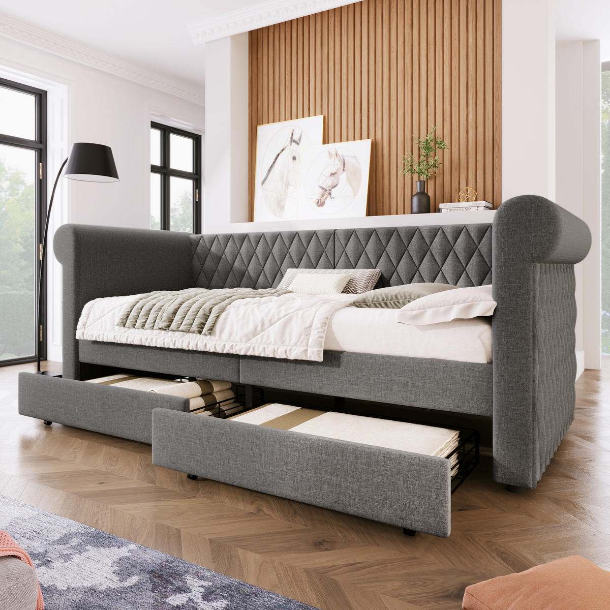 POLSTERBETT aus Leinen 90x200 cm in Grau mit 2 Schubladen - Grau, Textil (90/200cm) - Modfu