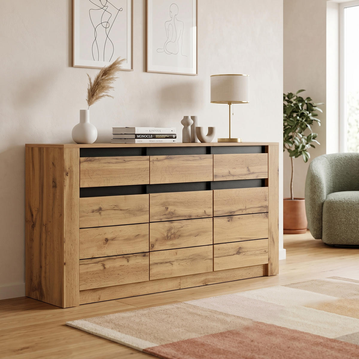 BUFLET 135cm cu Wellenholzoptik, 3 Schubladen & Schrankfächern, Naturholzfarbe - culoare naturală, compozit lemnos (135/70/35cm) - Urban Meuble