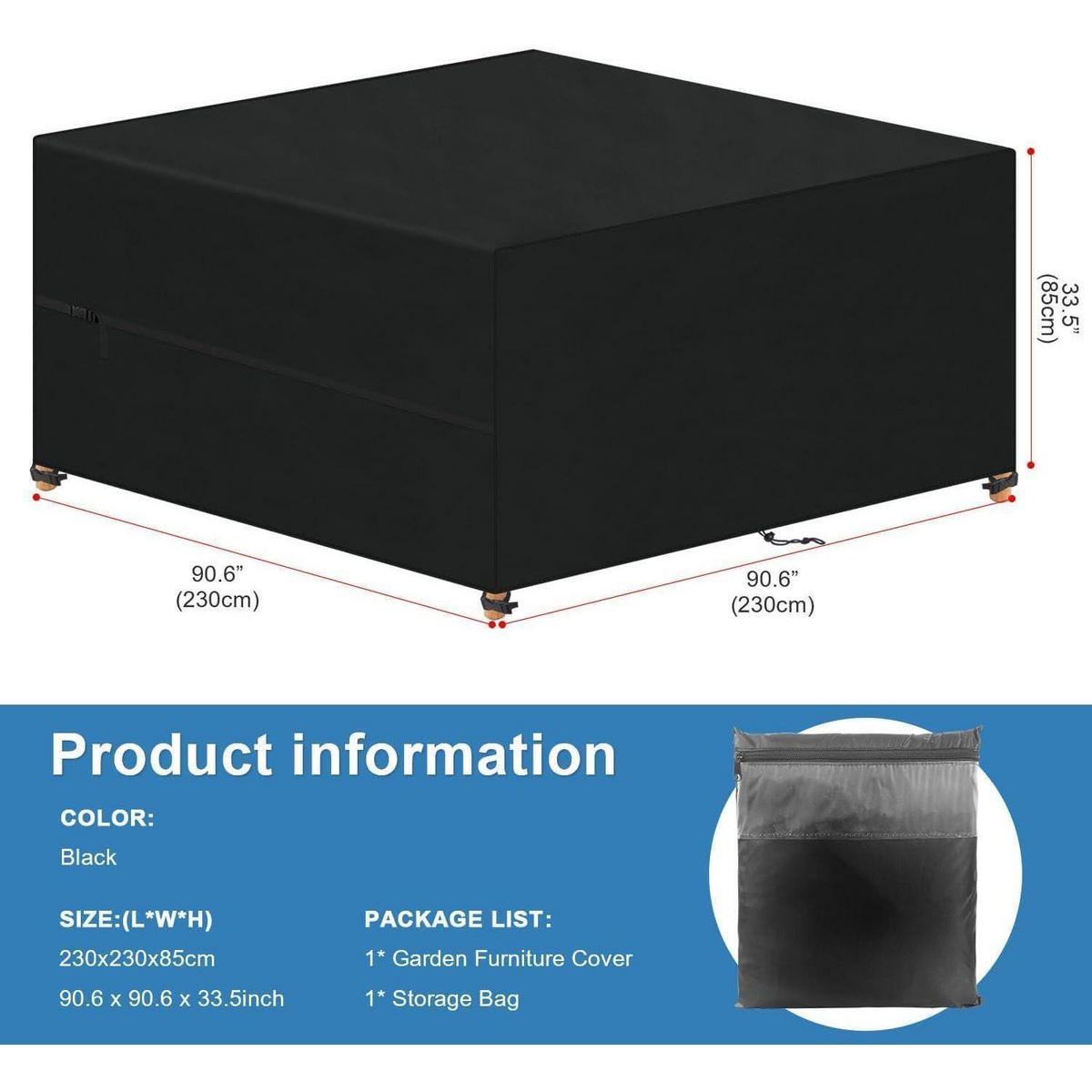 ABDECKHAUBE Gartenmöbel 230 x 230 x 85 cm Wasserdicht - Schwarz, Kunststoff (1/1/1cm)