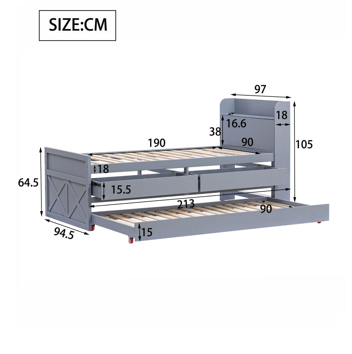 HOLZBETT 90/190 cm in Grau – mit USB, Ausziehbett, 2 Schubladen & Lattenrost - Grau, Holz (90/200cm) - BEAOK