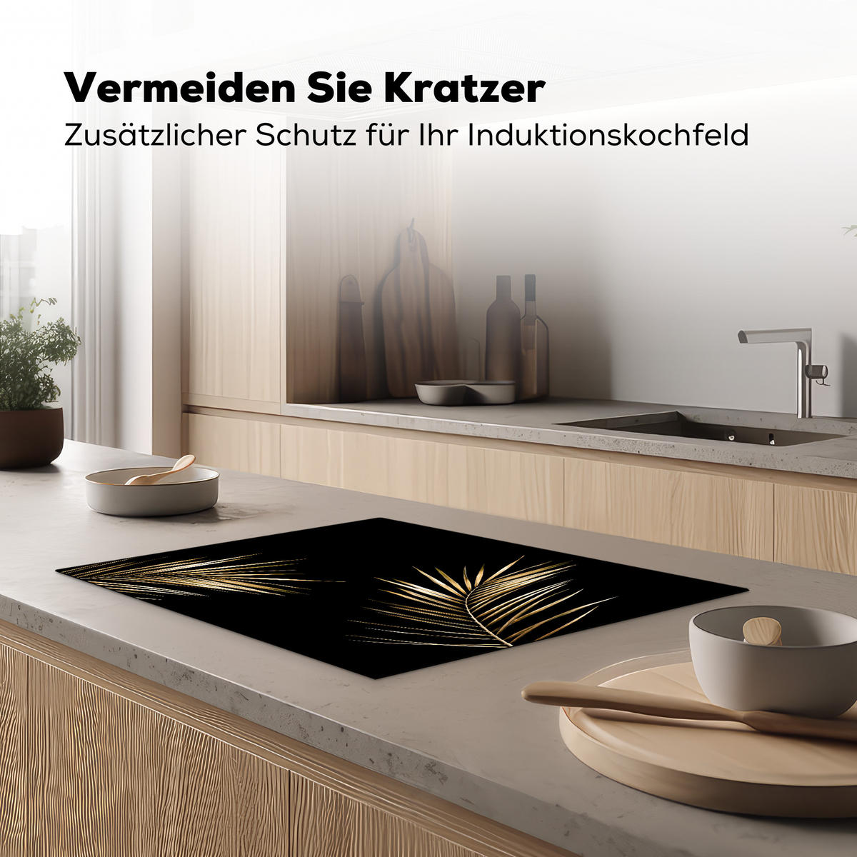 HERDABDECKPLATTE Blätter - Pflanzen - Gold - Schwarz - Luxus Induktionsmatte 71x52 cm - Goldfarben, Kunststoff (71/52/0.2cm) - MuchoWow